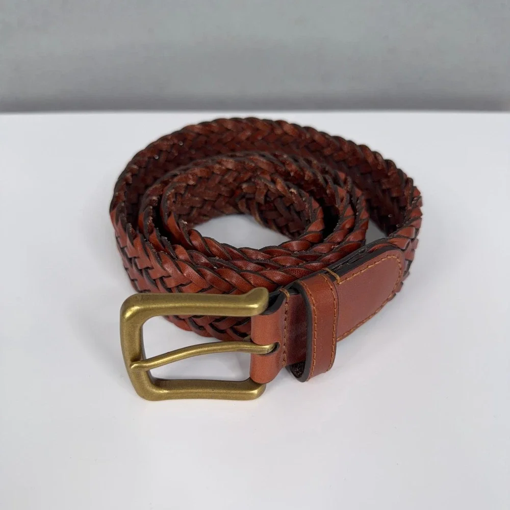 Lucky Brand Woven Leather Belt Mens 34 Brown Braided Brass Buckle Casual Boho